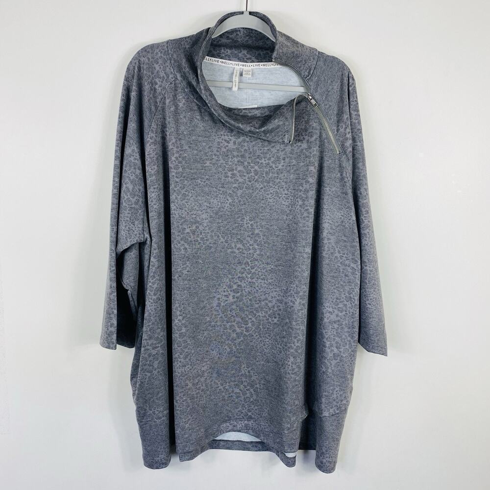 Cato Plus Size 26 28 Cheetah Print Cowl Zip Pullover Top Gray